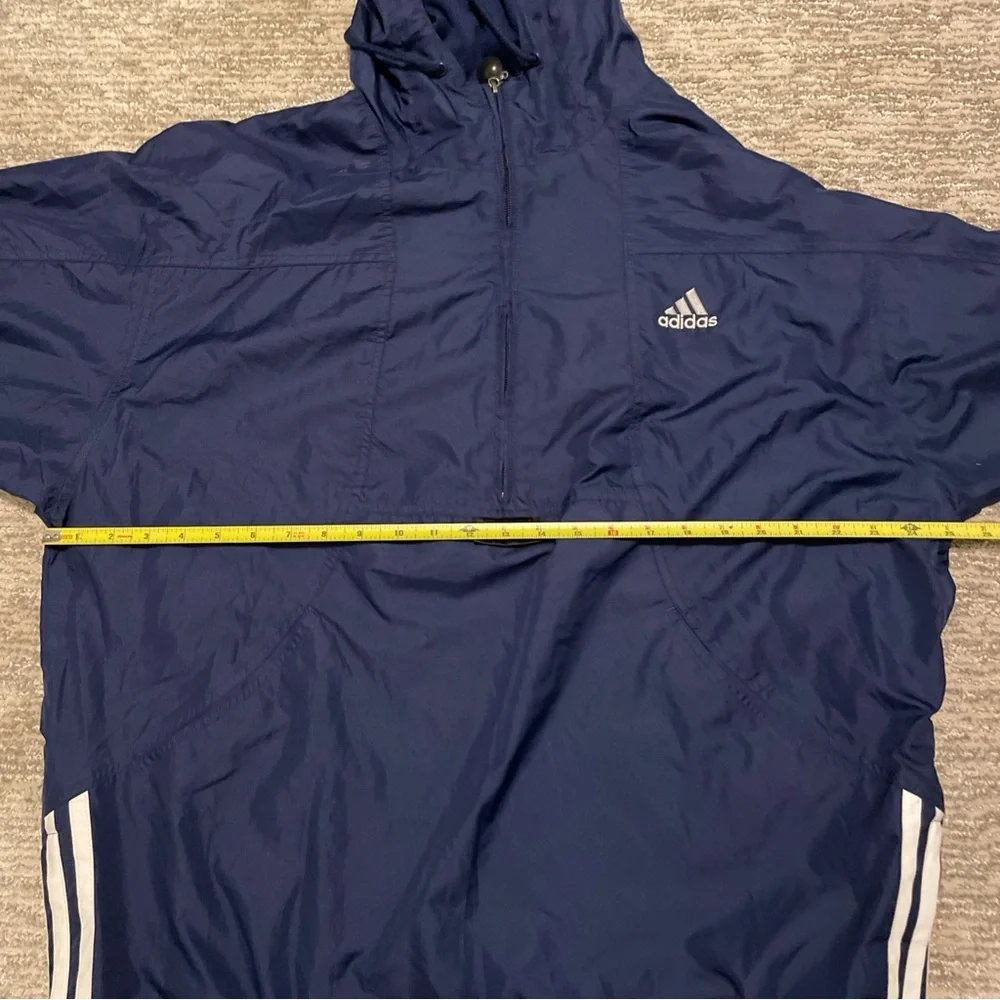 Vintage Adidas 1/4 Zip Dark Blue Hooded Jacket with White Stripes Size L 90s